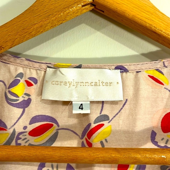 COREY LYNN CALTER Silk Cotton Midi V-Neck Dress Floral Short Sleeve Pockets - Picture 5 of 9